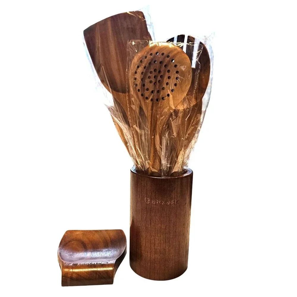 Brodark Kitchen Wooden Utensil Set With Holder & Spoon Rest - 7 Pieces